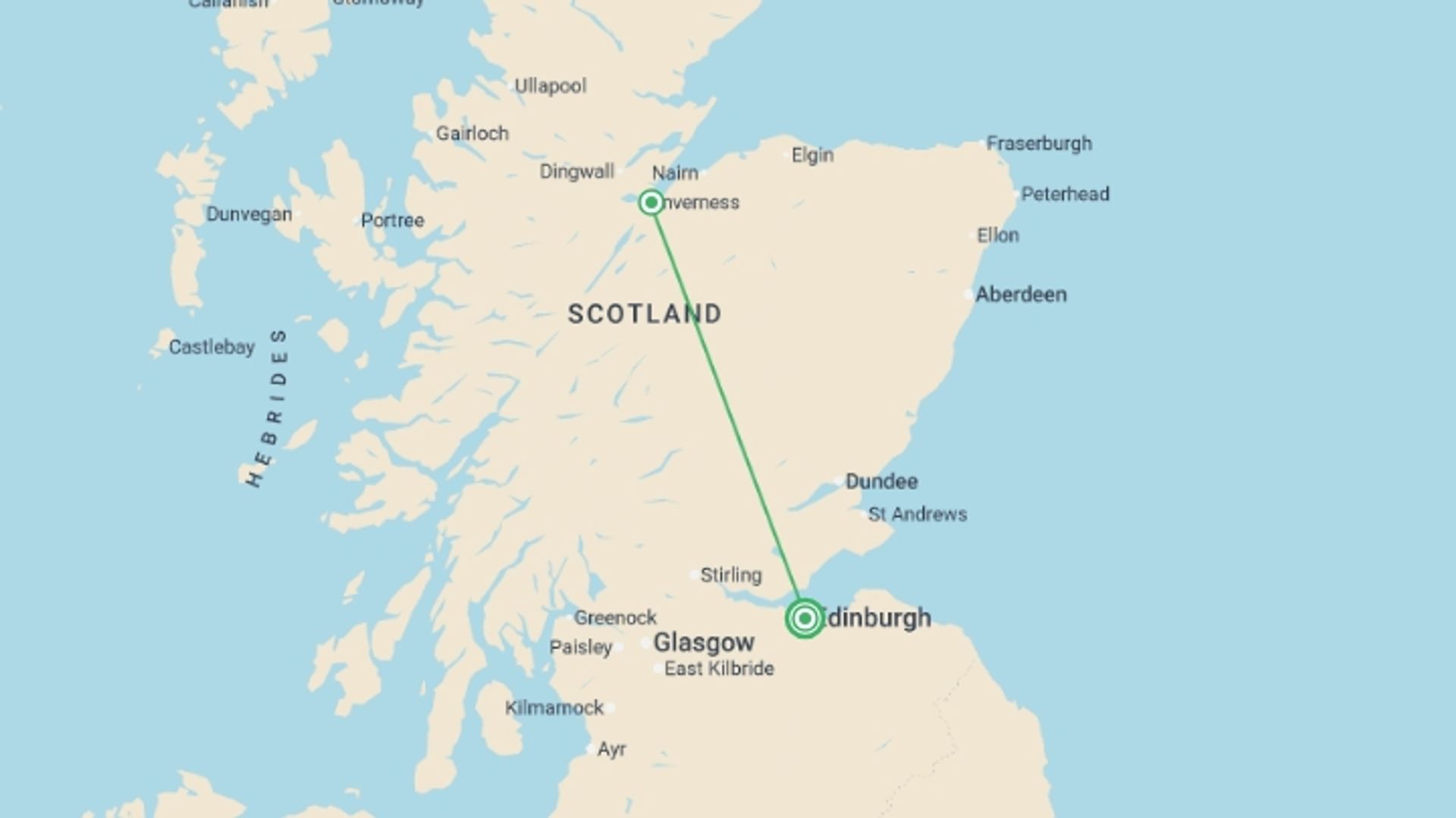 A map showing the tour itinerary for the trip: Outlander TV Overnight - 2 days, starting in Edinburgh, Scotland and ending in Edinburgh, Scotland going through 1 other destinations.