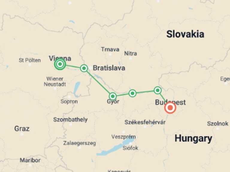 Map itinerary of Vienna Tour in June 2027 with 6 destination visits for the trip: Cycle the Danube