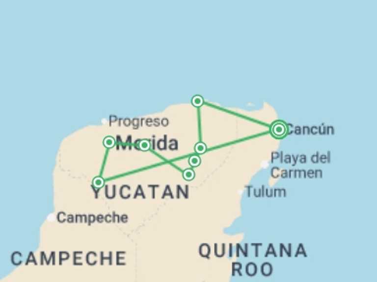 Map of North America Tour with 4 destination visits for the trip: Mini Wonders Of The Maya With The Maya Train