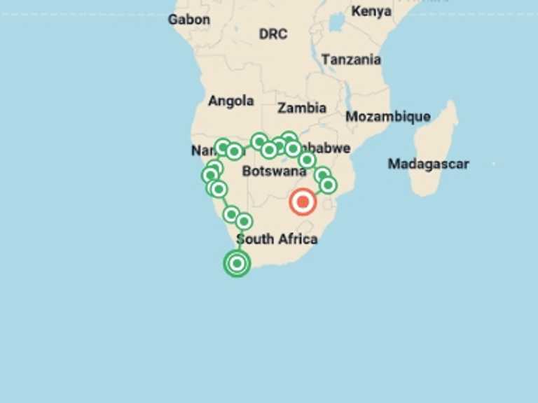 Map itinerary of South Africa Tour in August 2026 with 18 destination visits for the trip: Southern Africa Adventure