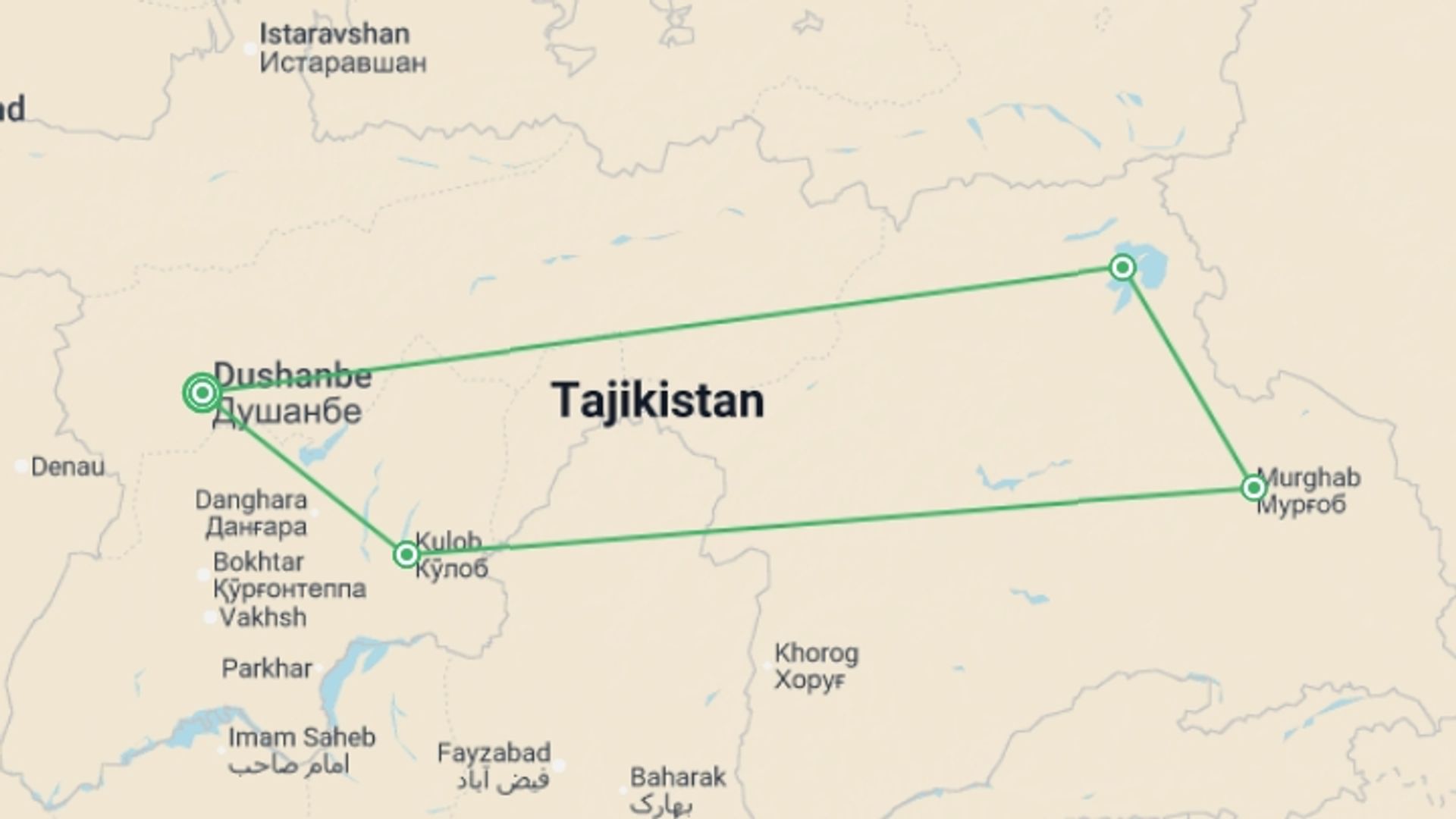 A map showing the tour itinerary for the trip: Tajikistan Expedition: Pamir Highway & beyond, starting in Dushanbe, Tajikistan and ending in Dushanbe, Tajikistan going through 3 other destinations.