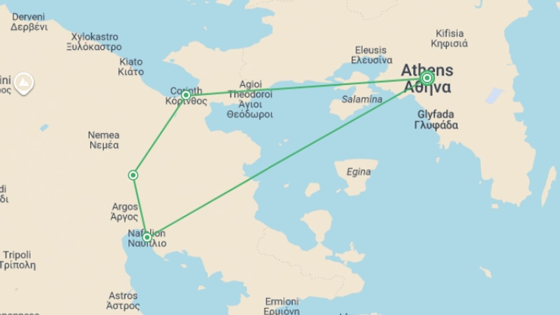 A map showing the tour itinerary for the trip: Discover Ancient Greece - 5 days, starting in Athens, Greece and ending in Athens, Greece going through 0 other destinations.