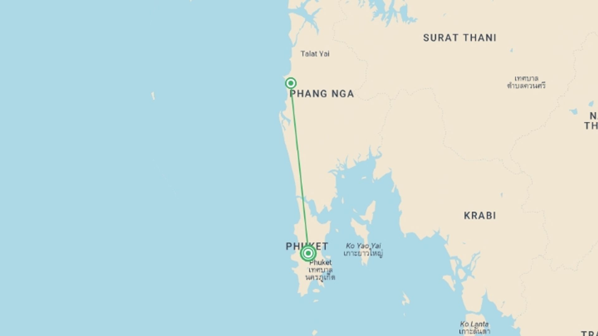 A map showing the tour itinerary for the trip: Khao Lak Beach Package, starting in Phuket, Thailand and ending in Phuket, Thailand going through 1 other destinations.