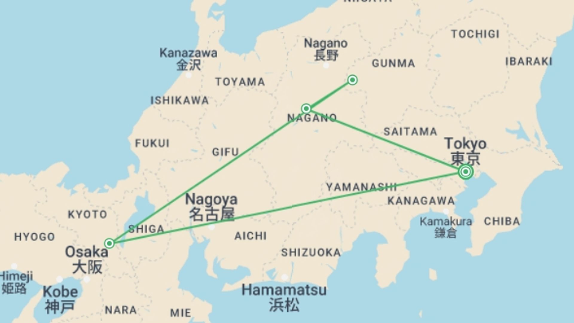 A map showing the tour itinerary for the trip: Kyoto, Tsumago and Matsumoto, starting in Tokyo, Japan and ending in Tokyo, Japan going through 1 other destinations.