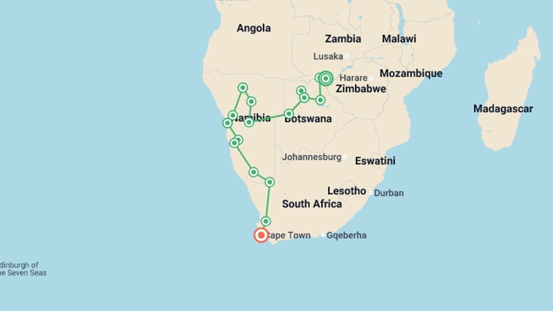 A map showing the tour itinerary for the trip: Southern Africa Southbound: Dunes, Deltas & Falls, starting in Victoria Falls, Zimbabwe and ending in Cape Town, South Africa going through 15 other destinations.