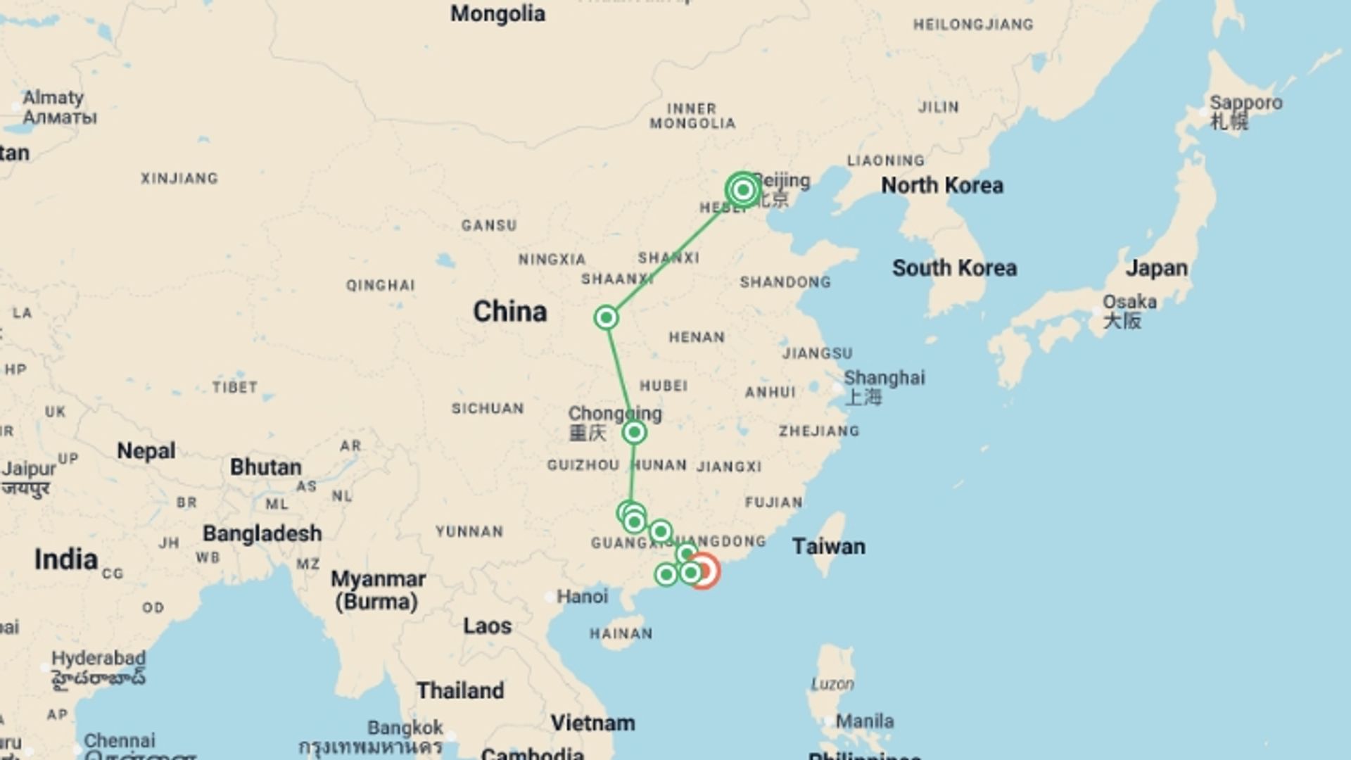 A map showing the tour itinerary for the trip: Discover the Magic of Avatar in China, starting in Beijing, China and ending in Hong Kong, Hong Kong going through 5 other destinations.