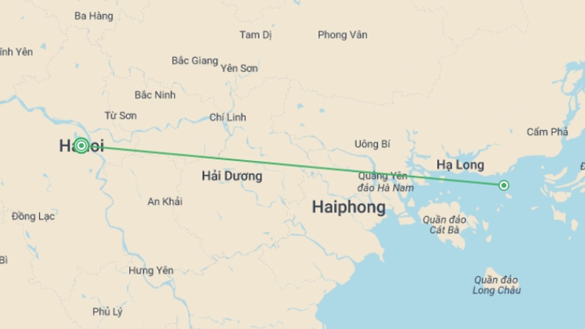 A map showing the tour itinerary for the trip: Catch a Glimpse of Halong Bay with Overnight Cruise, starting in Hanoi, Vietnam and ending in Hanoi, Vietnam going through 1 other destinations.