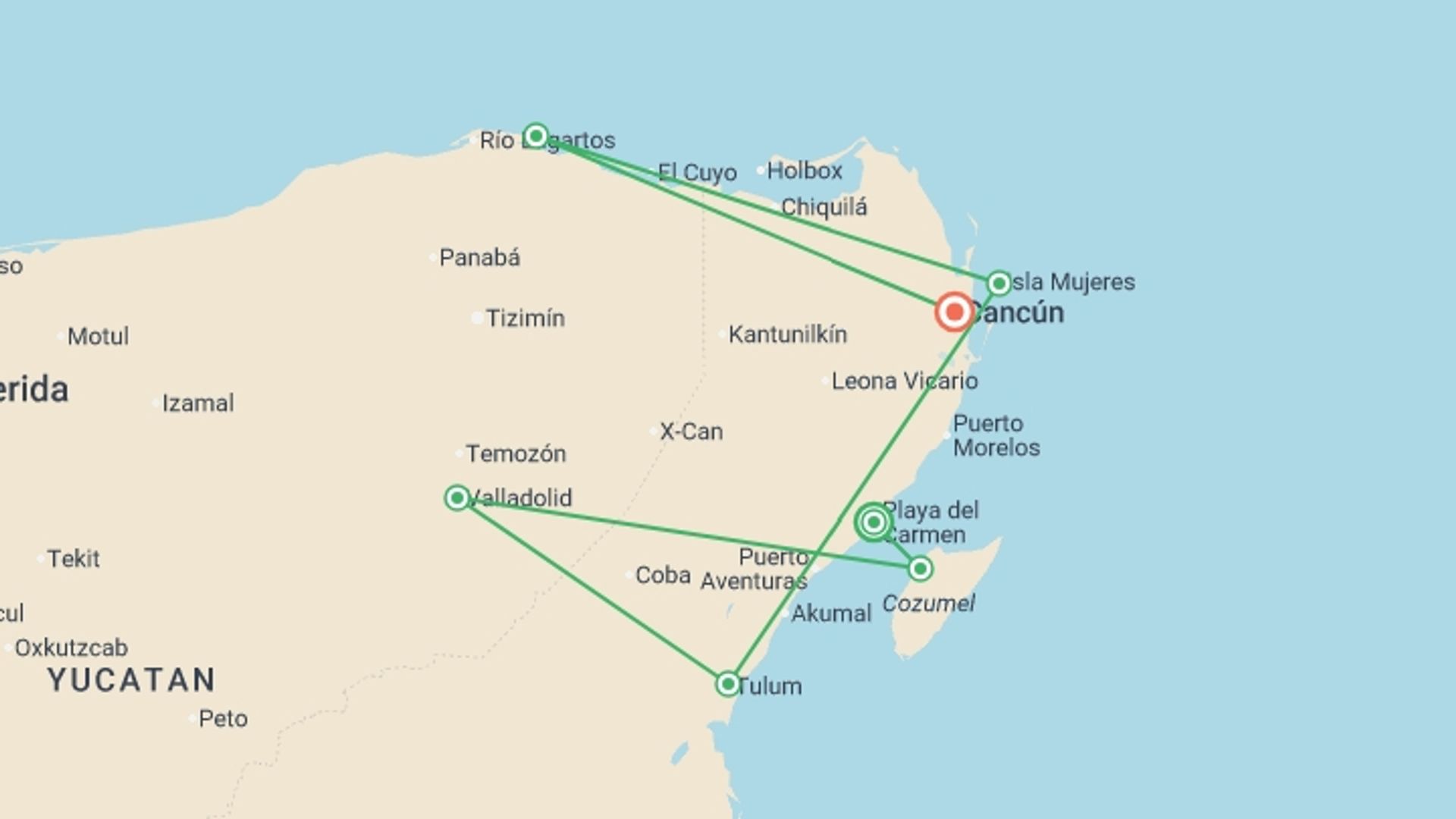A map showing the tour itinerary for the trip: Mexico’s Cancun & the Yucatan: See & Experience it all, starting in Playa Del Carmen, Mexico and ending in Cancún, Mexico going through 5 other destinations.