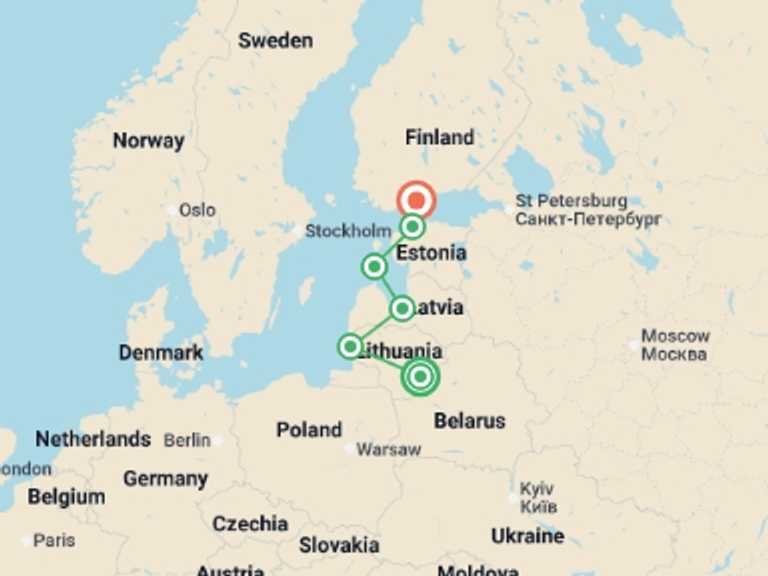 Map itinerary of Europe Tour in June 2026 with 6 destination visits for the trip: Baltic Adventure