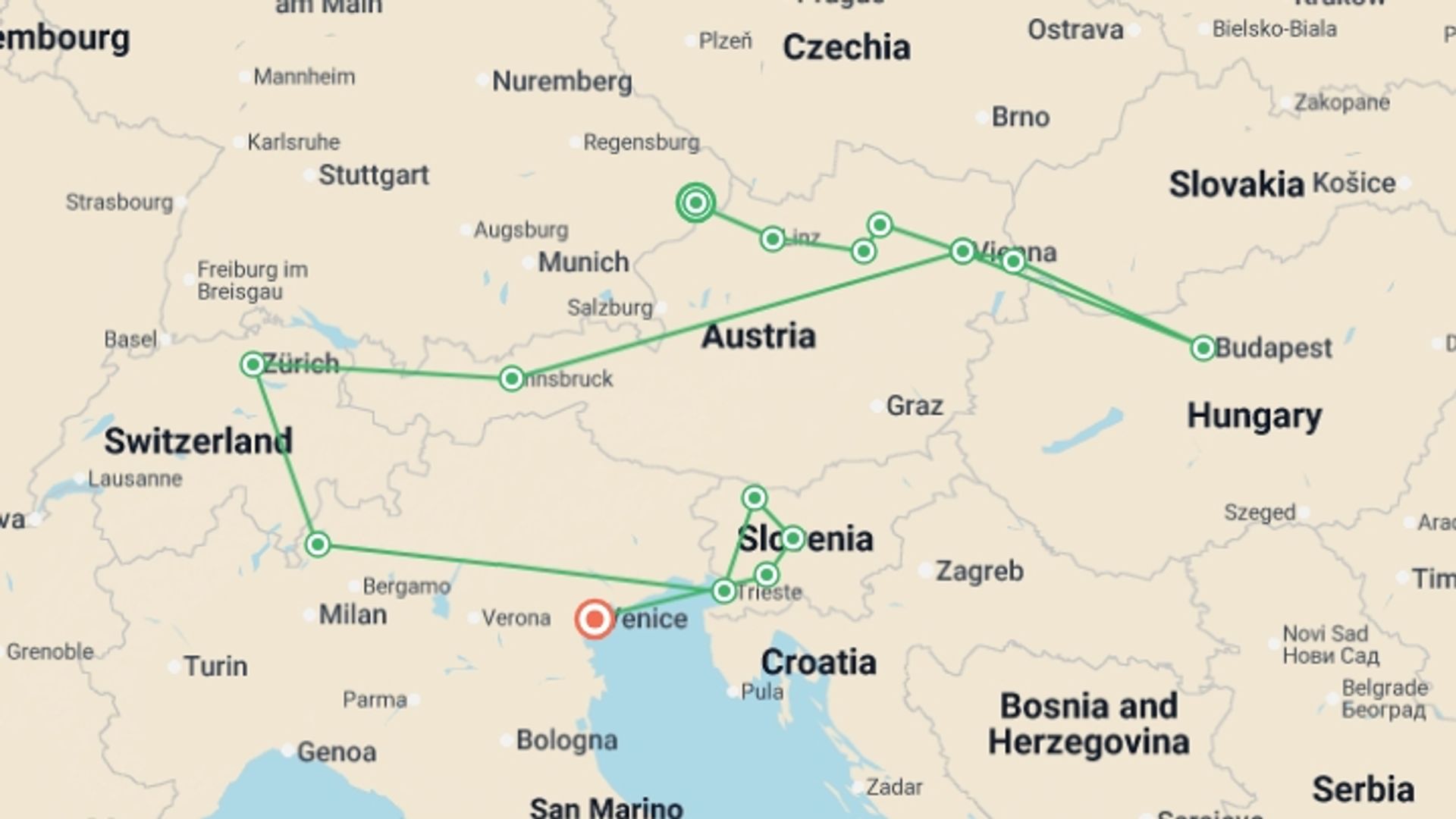 A map showing the tour itinerary for the trip: Cruise & Rail: Grand Alpine & the Enchanting Danube (2026), starting in undefined, Germany and ending in undefined, Italy going through 7 other destinations.