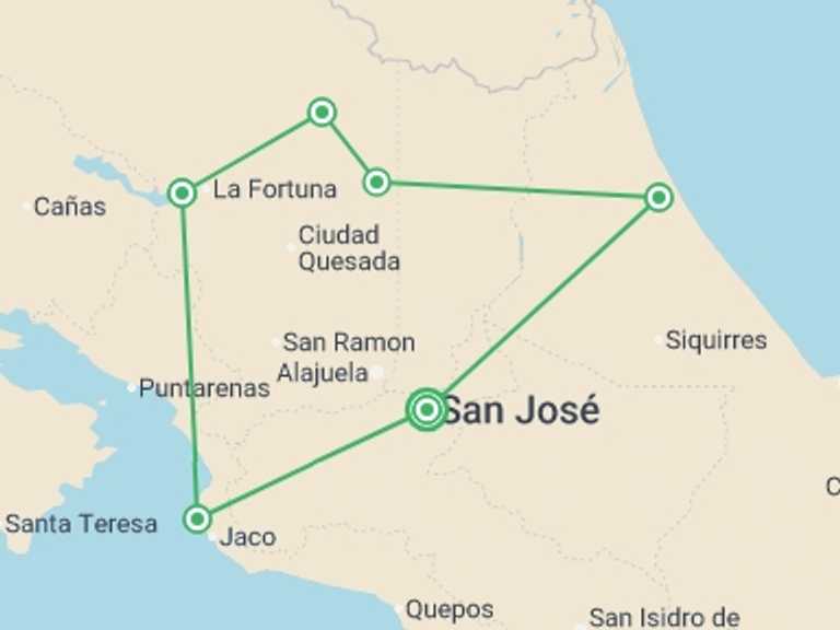 Map of South America Tour with 5 destination visits for the trip: Costa Rica: A World of Nature featuring Tortuguero National Park, Arenal Volcano & Manuel Antonio National Park