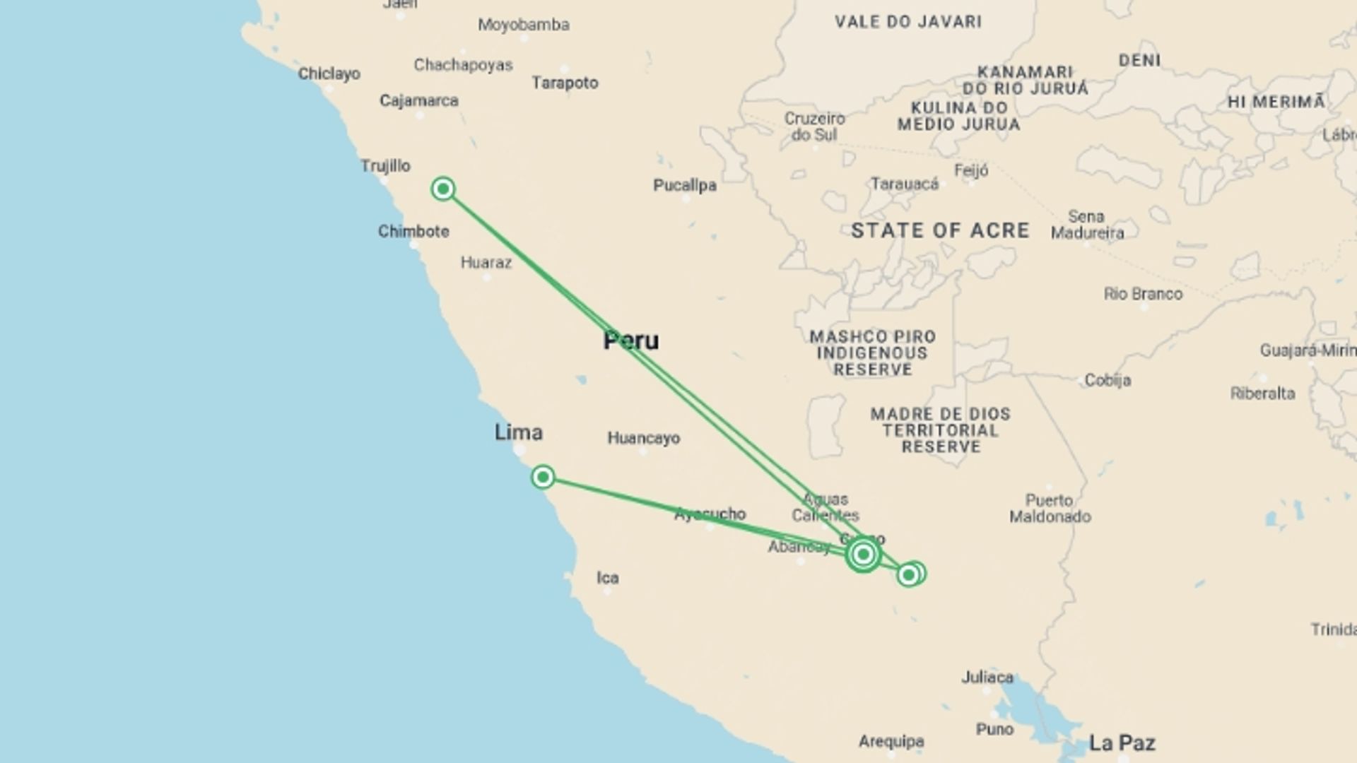 A map showing the tour itinerary for the trip: Ausangate lodge to lodge trek, starting in Cusco, Peru and ending in Cusco, Peru going through 5 other destinations.