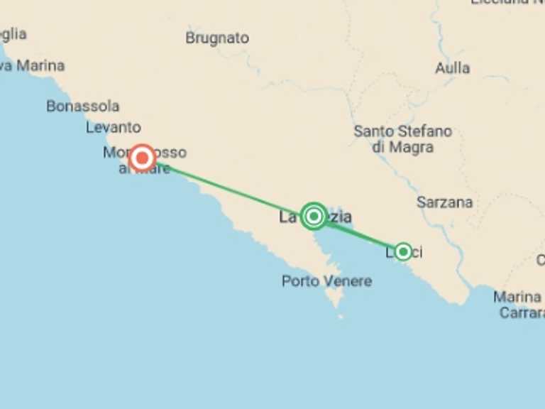 Map itinerary of Italy Tour in August 2027 with 5 destination visits for the trip: Self-Guided Culinary Package - La Spezia & Cinque Terre