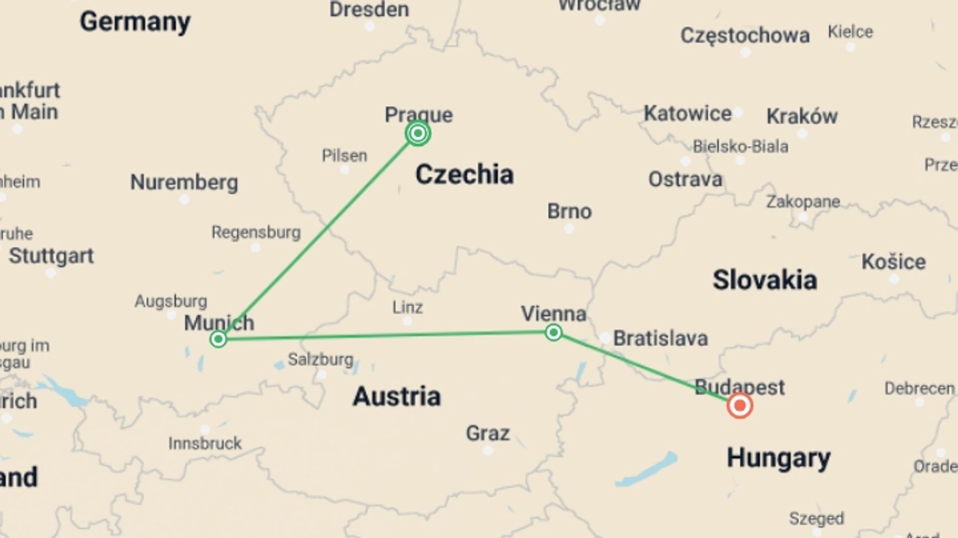 A map showing the tour itinerary for the trip: Majestic Europe : Prague to Budapest (4 Star Hotels), starting in Prague, Czech Republic and ending in Budapest, Hungary going through 2 other destinations.