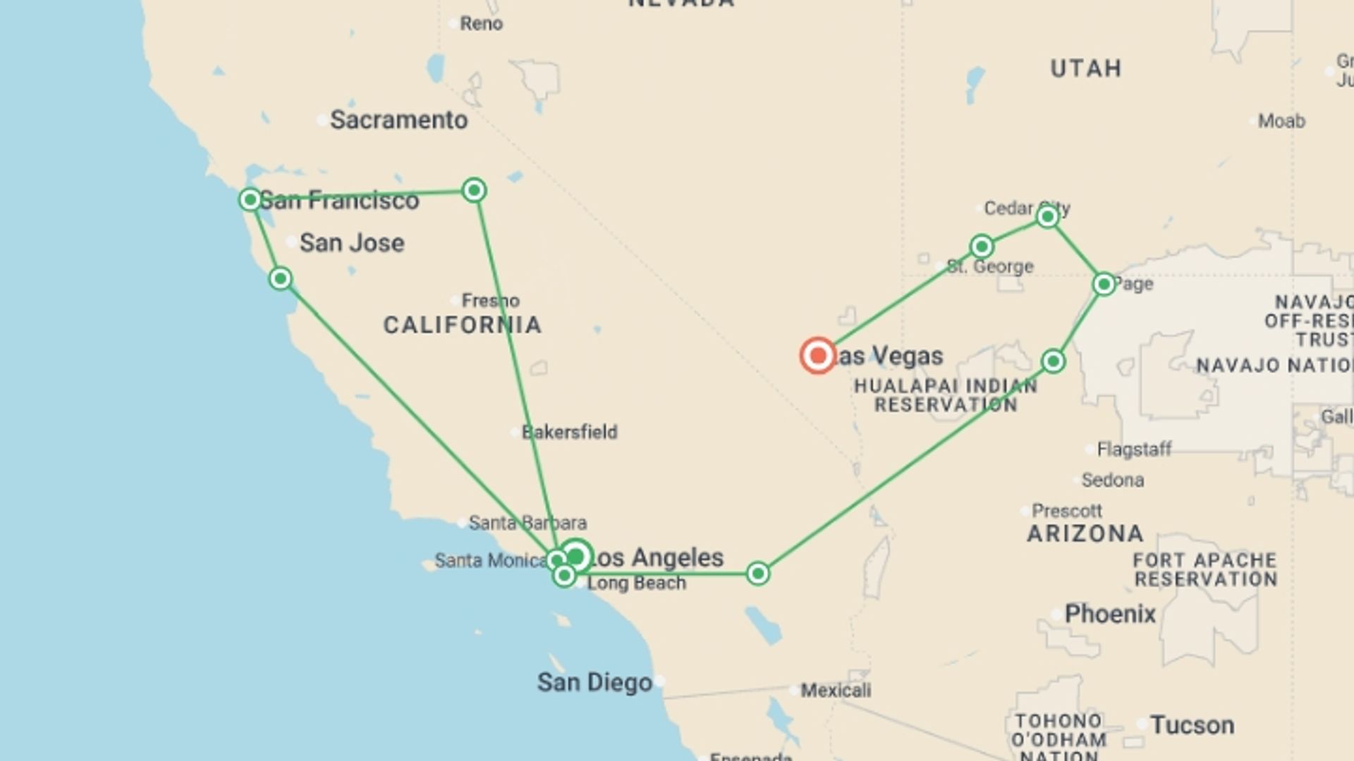 A map showing the tour itinerary for the trip: USA Road Trip — Highway 1, Yosemite & Utah, starting in Los Angeles, USA and ending in Las Vegas, USA going through 10 other destinations.