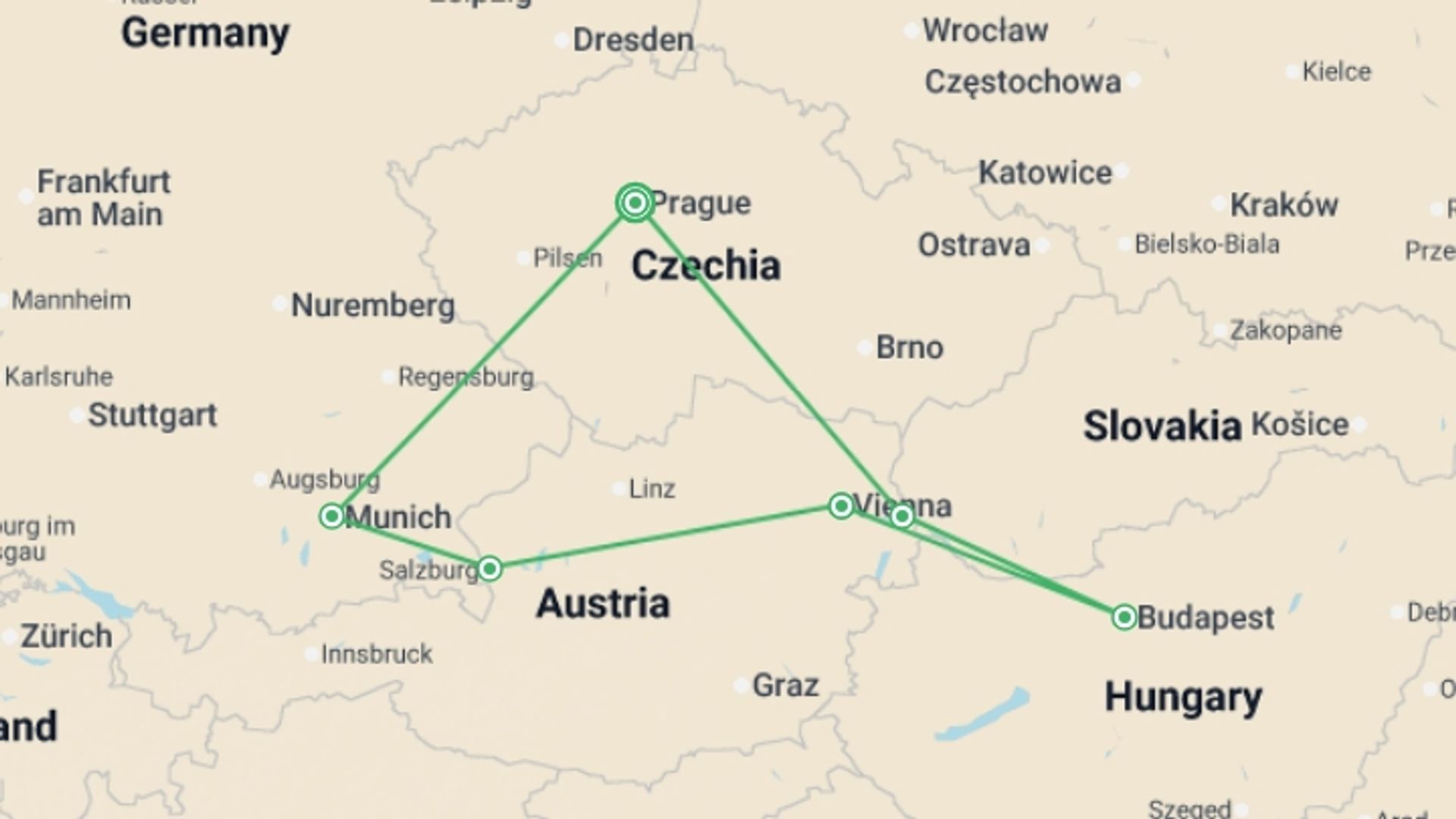 A map showing the tour itinerary for the trip: Central European Ring, starting in Prague, Czech Republic and ending in Prague, Czech Republic going through 5 other destinations.