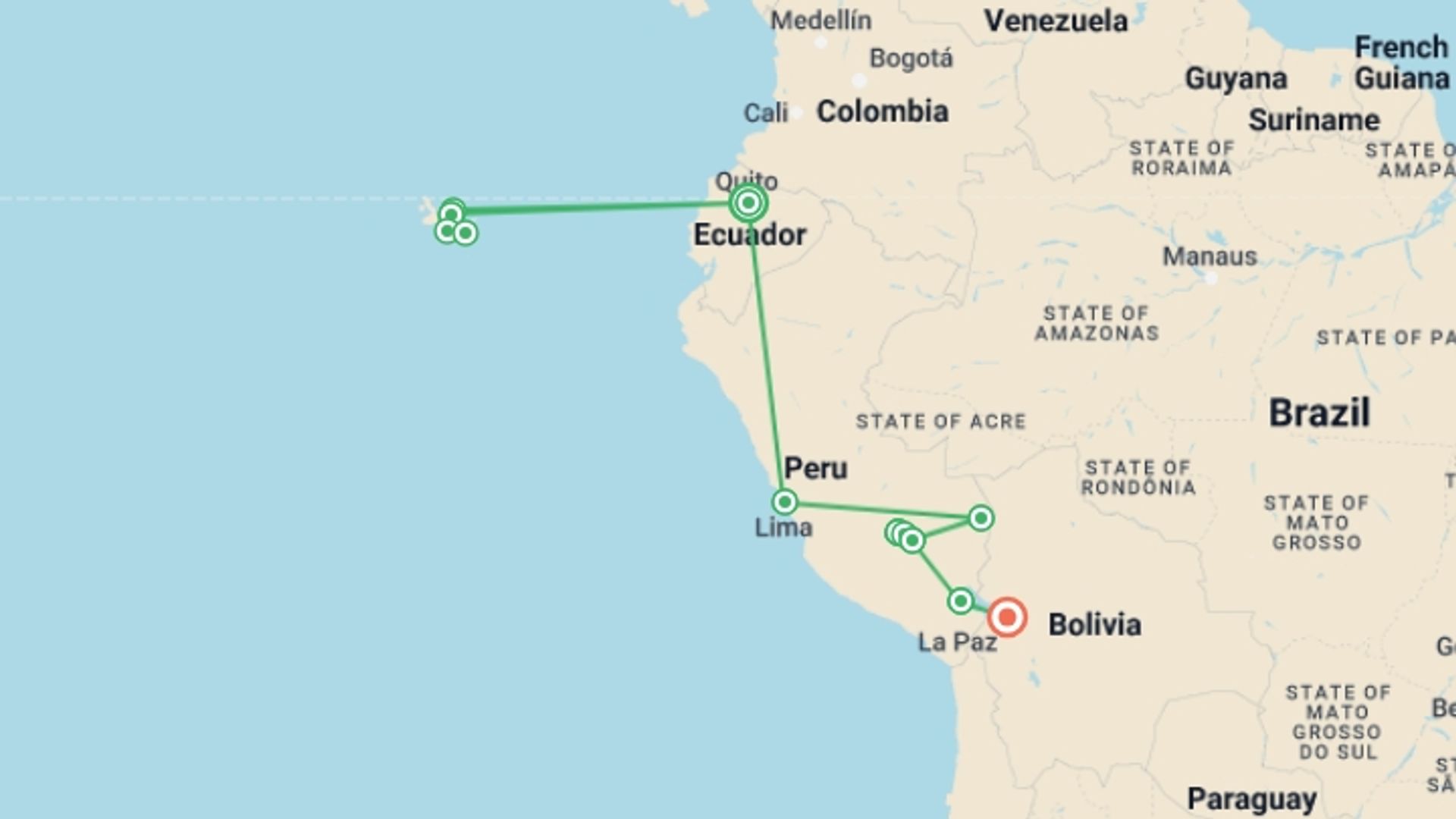 A map showing the tour itinerary for the trip: Galapagos Cruise & Peru’s Land of the Incas (Grand Daphne), starting in Quito, Ecuador and ending in La Paz, Bolivia going through 9 other destinations.