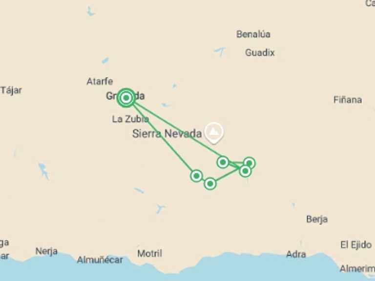 Map of a Winter adventure Tour with 6 destination visits for the trip: Granada and the Alpujarras
