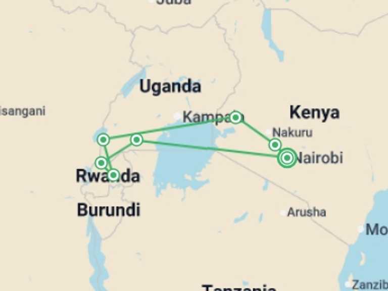 Map itinerary of Nairobi Tour in Winter with 7 destination visits for the trip: Nairobi To Nairobi (20 Days) Gorillas & Gameparks