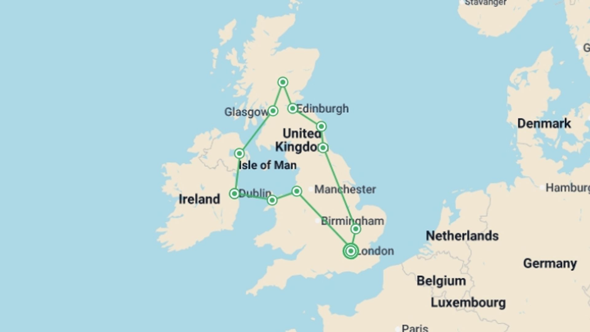 A map showing the tour itinerary for the trip: Best of the United Kingdom and Dublin, starting in London, England and ending in London, England going through 6 other destinations.