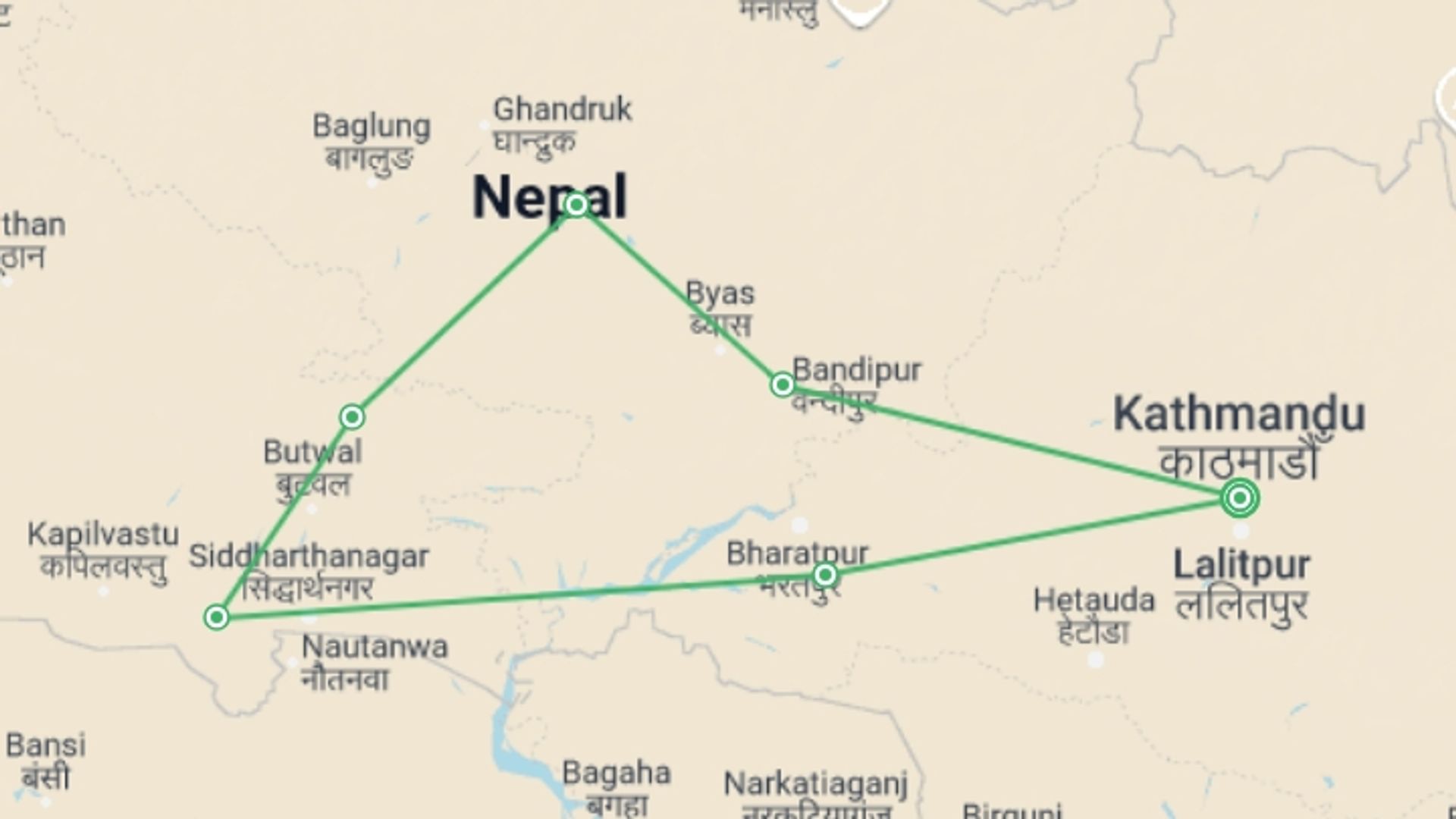 A map showing the tour itinerary for the trip: Nepal Highlights Round-Trip, starting in Kathmandu, Nepal and ending in Kathmandu, Nepal going through 5 other destinations.