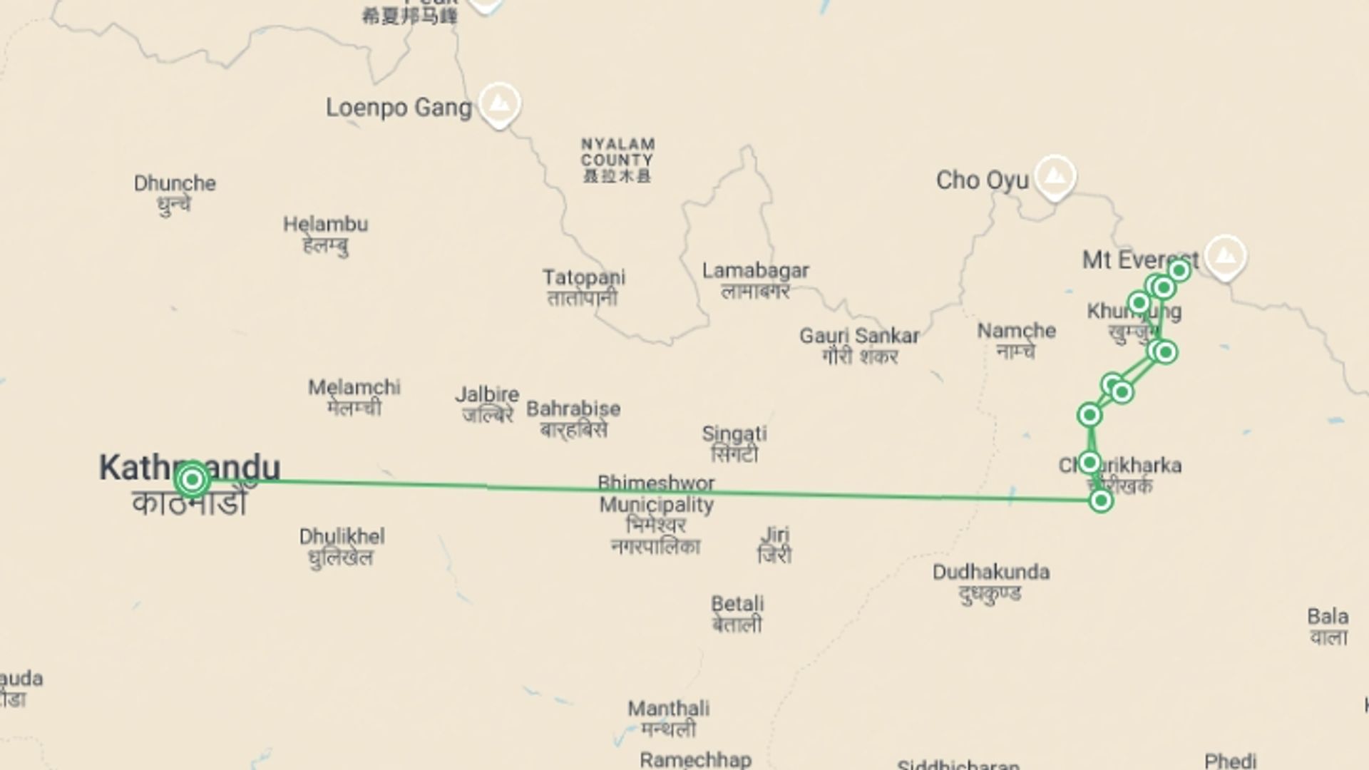 A map showing the tour itinerary for the trip: Everest Base Camp Trek, starting in Kathmandu, Nepal and ending in Kathmandu, Nepal going through 10 other destinations.