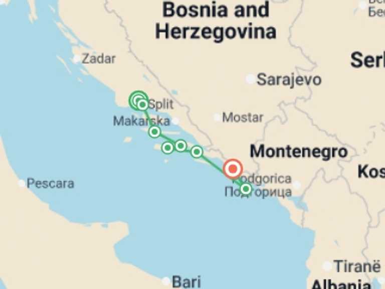 Map itinerary of Europe Tour in May 2026 with 8 destination visits for the trip: Cycle the Dalmatian Coast