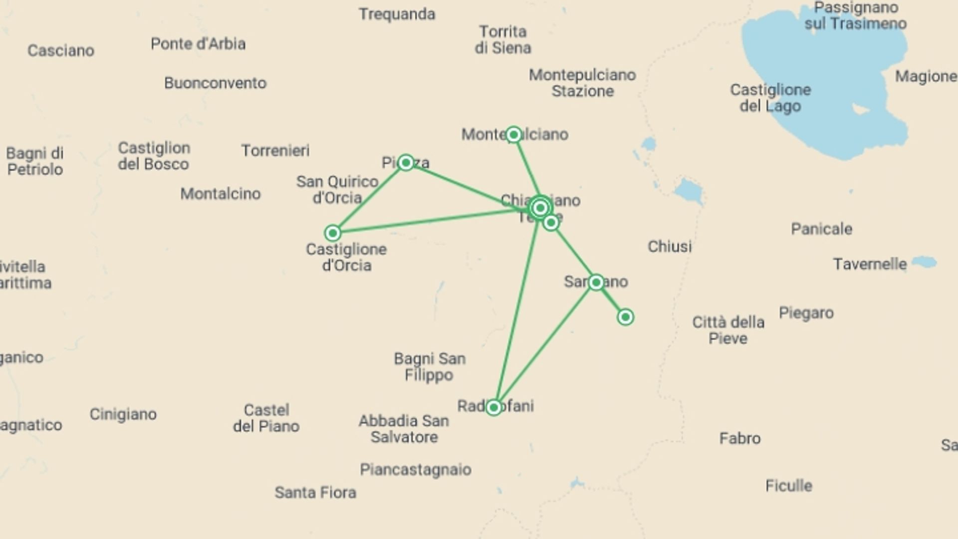 A map showing the tour itinerary for the trip: A Taste of Tuscany Cycling, starting in Chianciano Terme, Italy and ending in Chianciano Terme, Italy going through 5 other destinations.