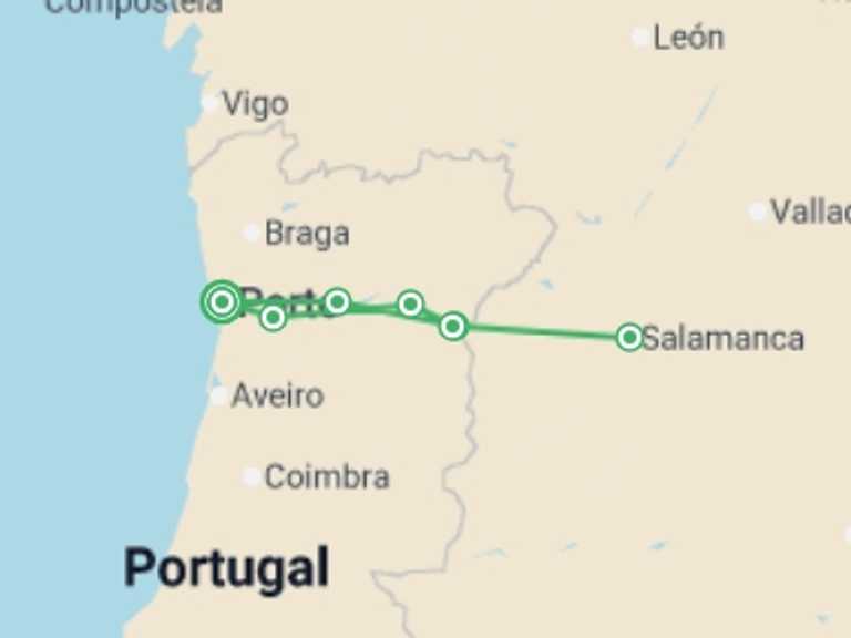 Map of 8-Day Portugal Tour with 6 destination visits for the trip: Portugal, Land of the Explorers (port-to-port cruise)