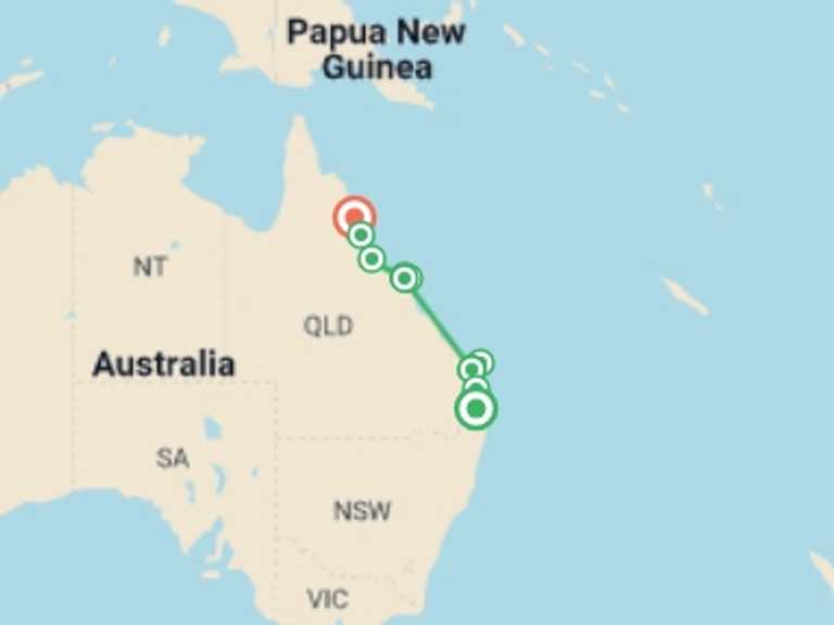 Map of Oceania Tour with 6 destination visits for the trip: Brisbane to Cairns Adventure