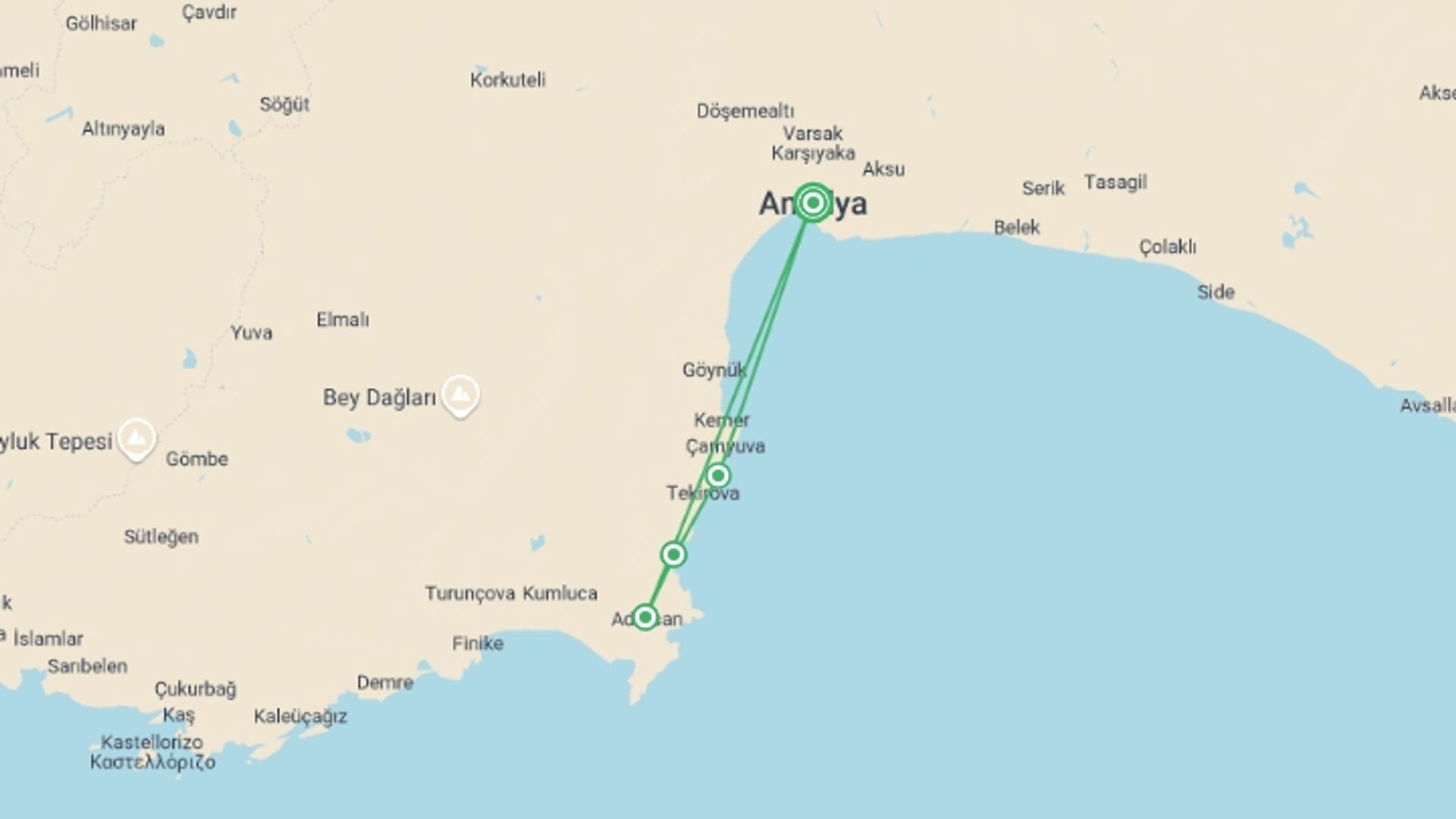 A map showing the tour itinerary for the trip: Lycian Way East Walk, starting in Antalya, Turkey and ending in Antalya, Turkey going through 4 other destinations.