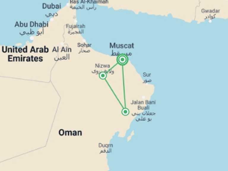 Map of Oman Tour with 3 destination visits for the trip: Essential Oman