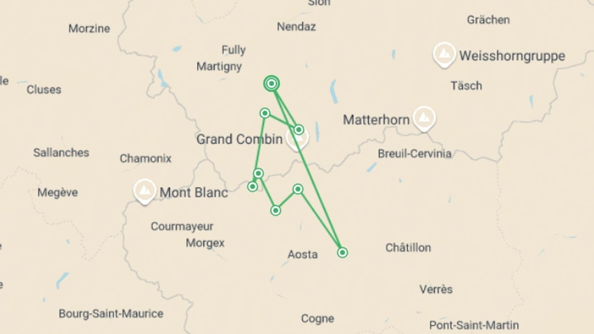 A map showing the tour itinerary for the trip: Grand Combin Guided Hike, starting in Bagnes, Switzerland and ending in Bagnes, Switzerland going through 5 other destinations.