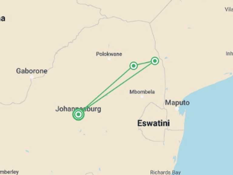 Map of Johannesburg Wildlife Tour with 3 destination visits for the trip: Journeys: Explore Kruger National Park