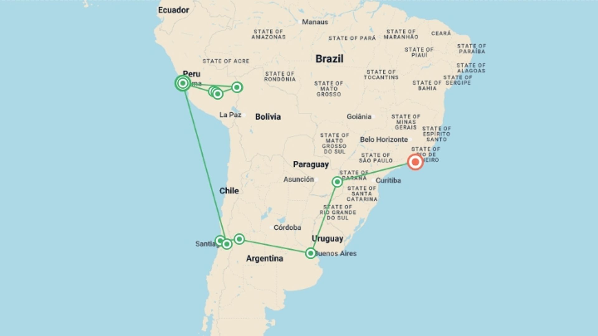 A map showing the tour itinerary for the trip: Premium Highlights of South America, starting in Lima, Peru and ending in Rio de Janeiro, Brazil going through 10 other destinations.