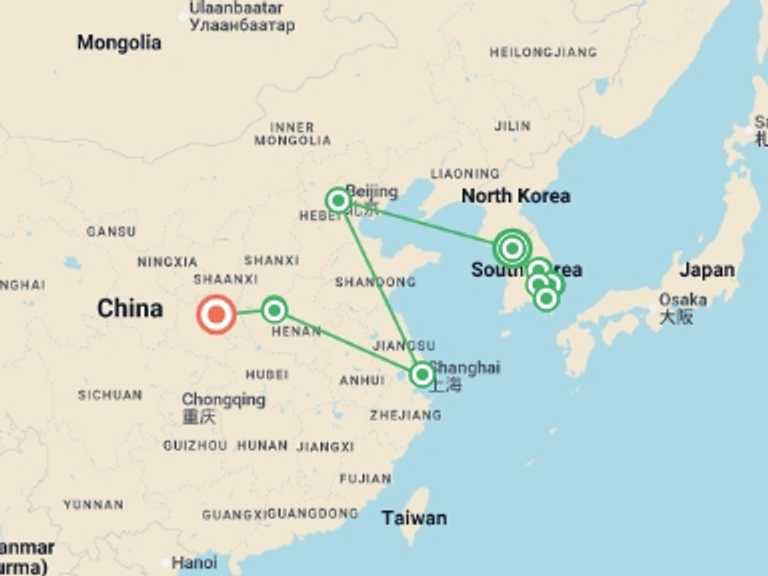 Map of Asia Tour with 7 destination visits for the trip: Korea and the Golden Triangle in China