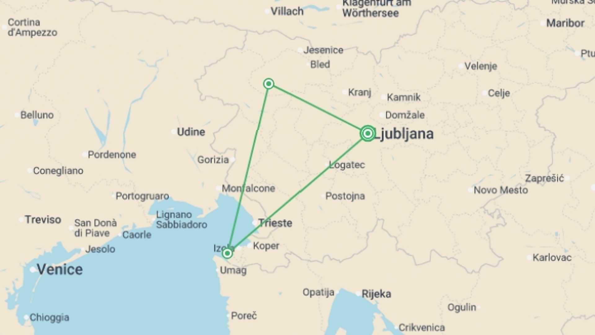 A map showing the tour itinerary for the trip: Slovenia Discovery, starting in Ljubljana, Slovenia and ending in Ljubljana, Slovenia going through 2 other destinations.