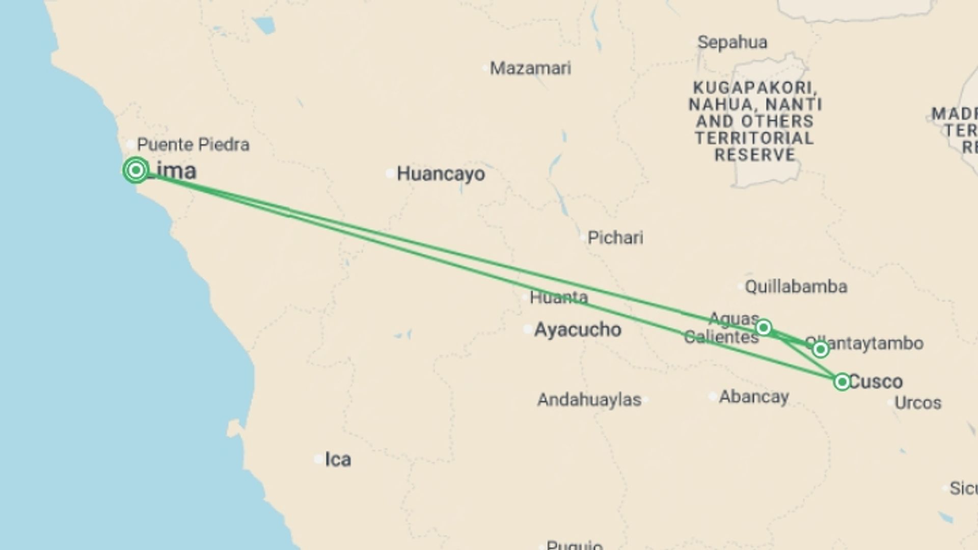 A map showing the tour itinerary for the trip: Journeys: Explore Machu Picchu, starting in Lima, Peru and ending in Lima, Peru going through 3 other destinations.