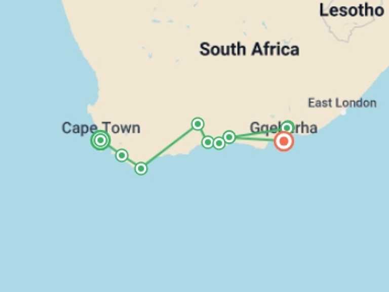 Map itinerary of Cape Town Tour in December 2026 with 9 destination visits for the trip: The Garden Route - 8 days
