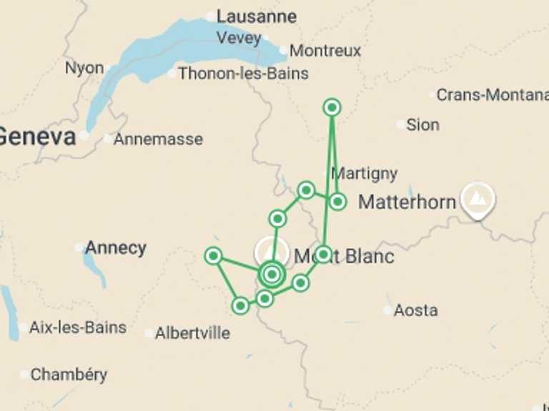 Map of France Tour with 11 destination visits for the trip: Mont Blanc Encompassed Guided Hike