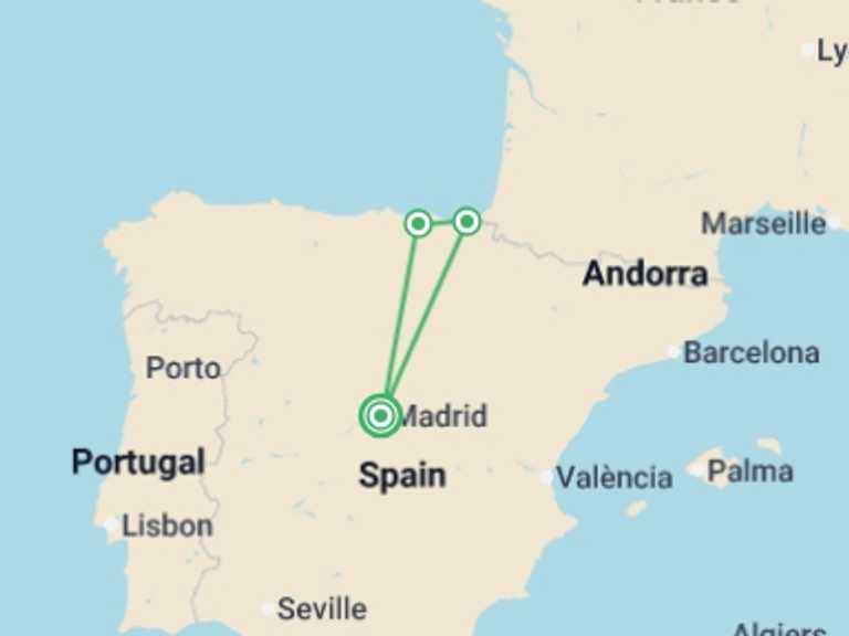 Map itinerary of Europe Tour in May 2026 with 3 destination visits for the trip: Basque Country from Madrid
