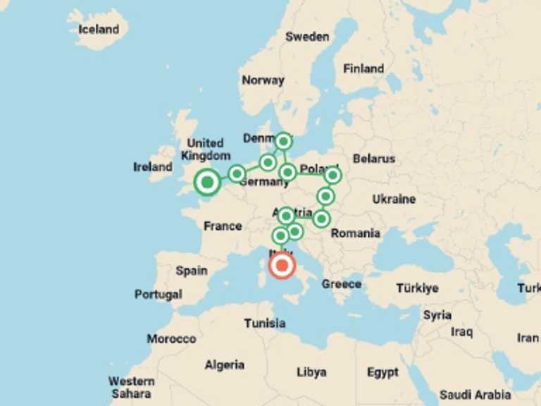 Map itinerary of London Tour in Winter with 12 destination visits for the trip: London to Rome Vistas