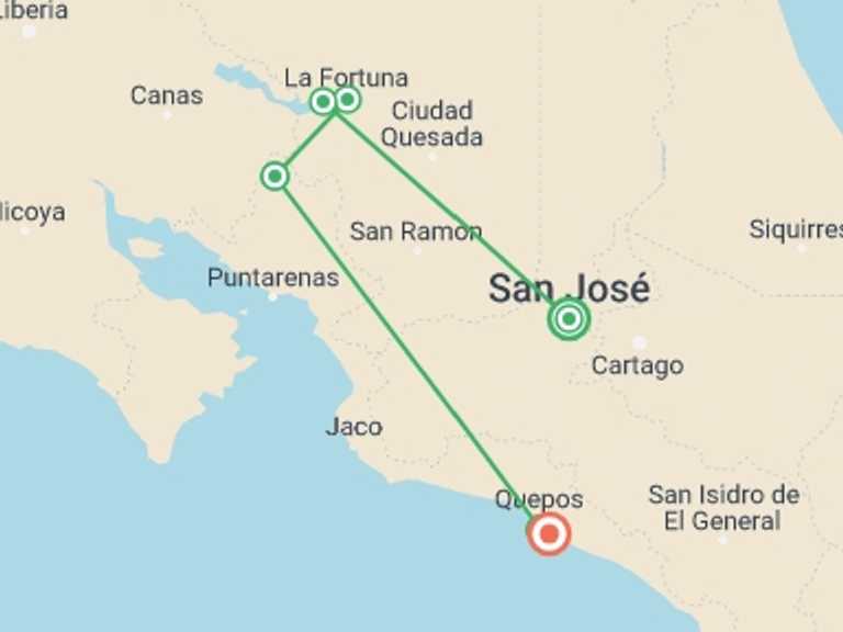 Map of 8-Day San Jose Tour with 6 destination visits for the trip: Solo-ish Costa Rica