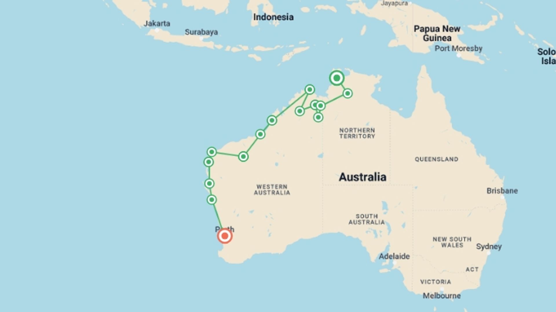 A map showing the tour itinerary for the trip: Darwin to Perth Overland, starting in undefined, Australia and ending in undefined, Australia going through 4 other destinations.