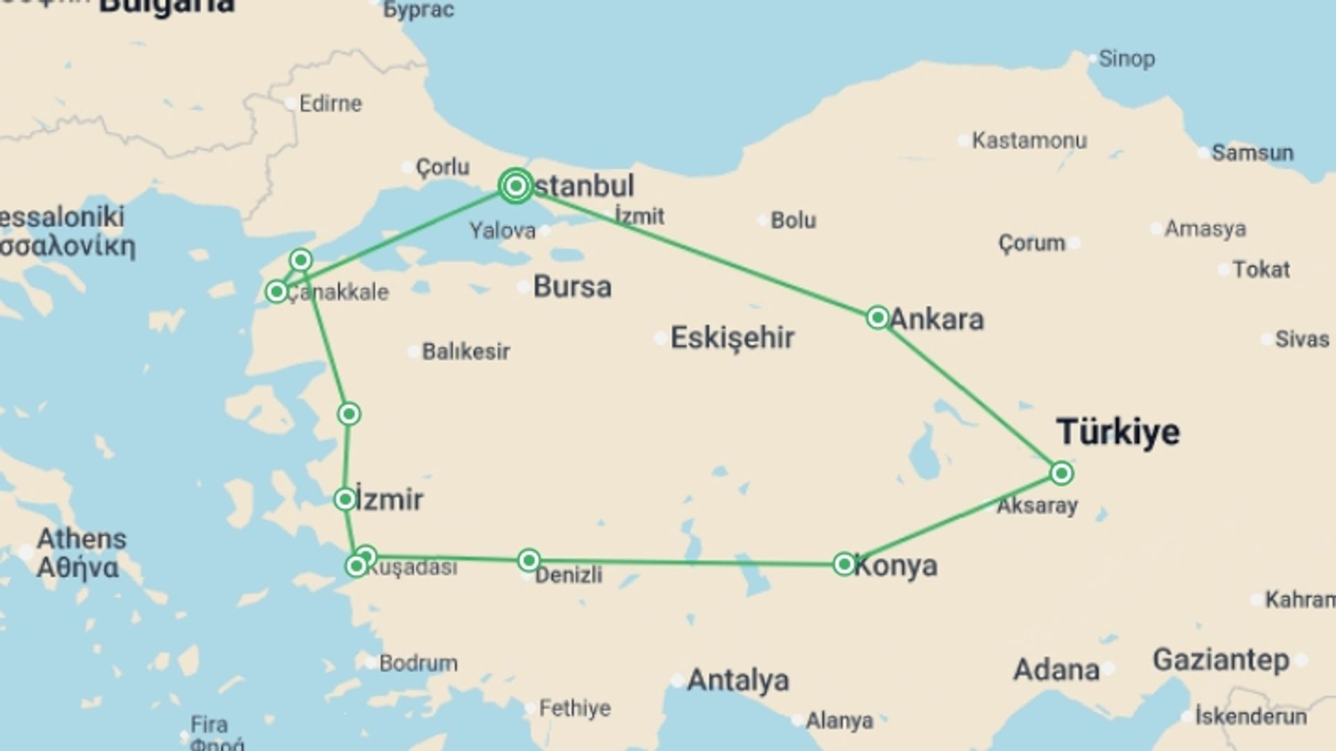 A map showing the tour itinerary for the trip: Turkey Discovery & Anzac Day, starting in Istanbul, Turkey and ending in Istanbul, Turkey going through 7 other destinations.