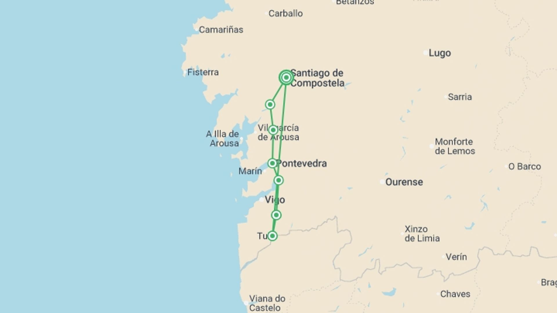 A map showing the tour itinerary for the trip: Portuguese Camino - Tui to Santiago, starting in Santiago De Compostela, Spain and ending in Santiago De Compostela, Spain going through 5 other destinations.