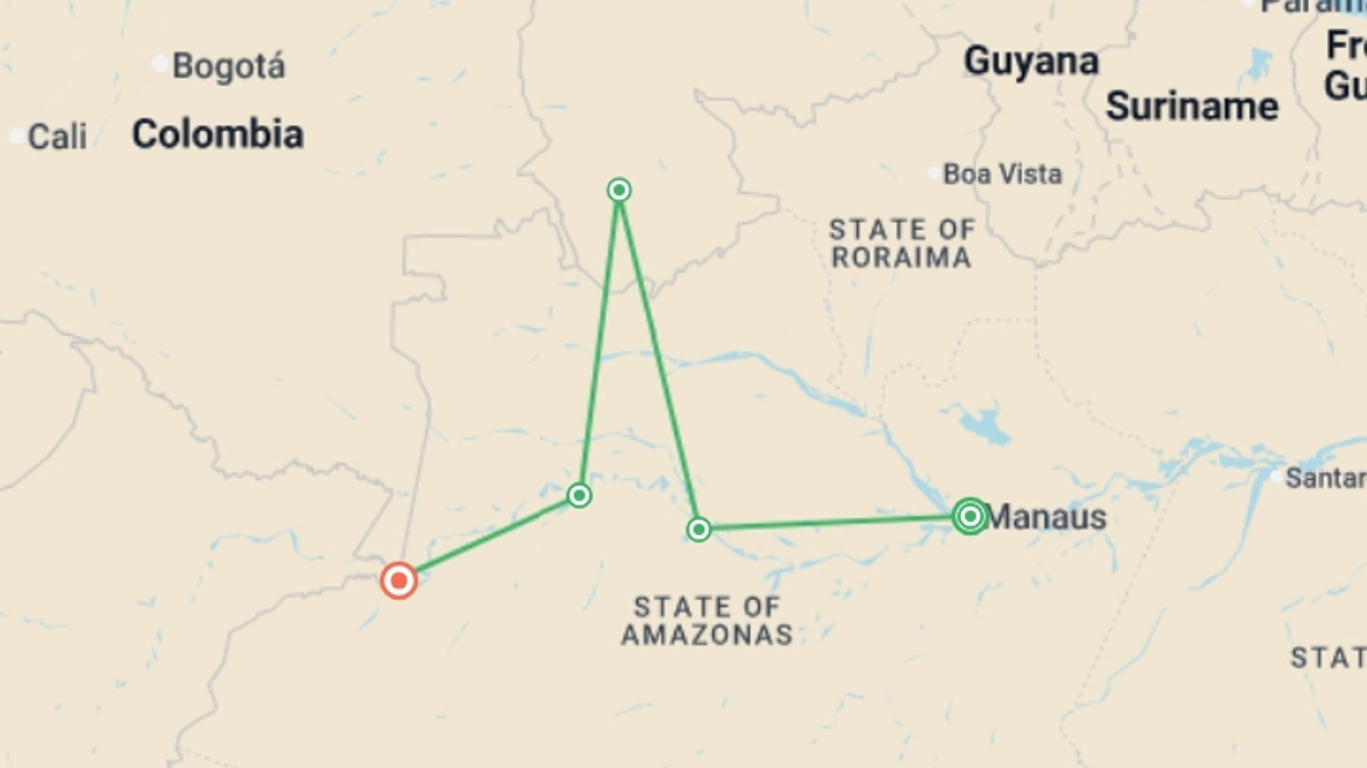 A map showing the tour itinerary for the trip: Cruise in the Heart of the Original Amazon - An exploration deep into the jungle, between Brazil and Colombia (port-to-port cruise), starting in Manaus, Brazil and ending in Tabatinga, Brazil going through 4 other destinations.