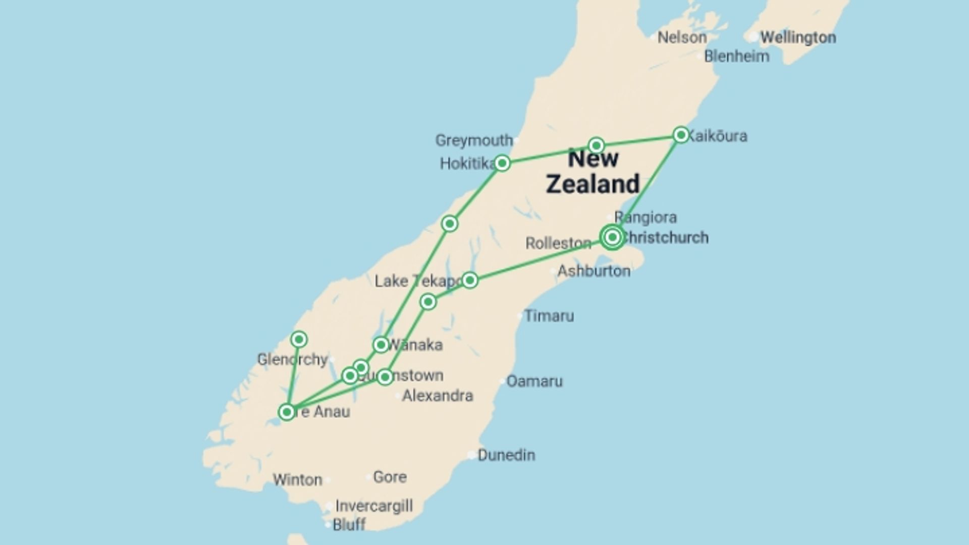 A map showing the tour itinerary for the trip: Delve Deep: New Zealand South Island, starting in Christchurch, New Zealand and ending in Christchurch, New Zealand going through 5 other destinations.