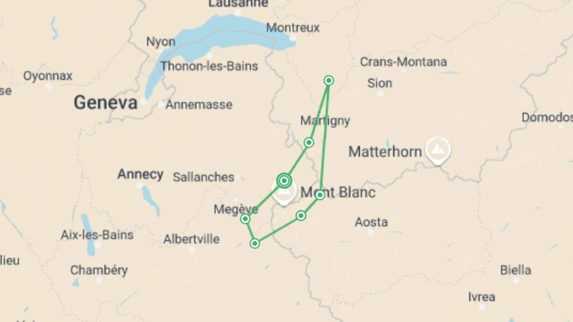 A map showing the tour itinerary for the trip: Trekking Mont Blanc, starting in Chamonix, France and ending in Chamonix, France going through 7 other destinations.