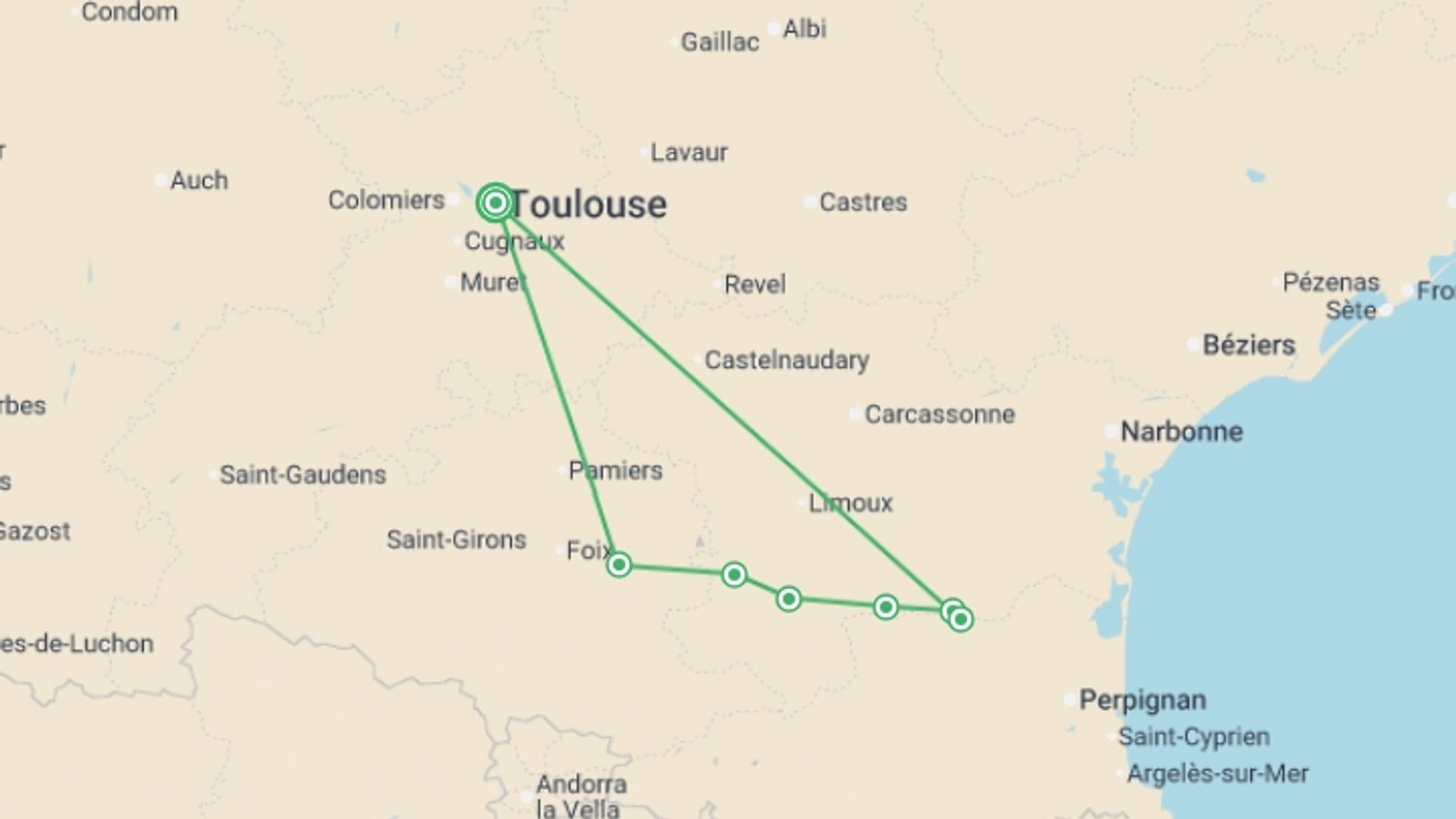 A map showing the tour itinerary for the trip: The Crusader Trail - Cathar Castles Walk, starting in Toulouse, France and ending in Toulouse, France going through 5 other destinations.